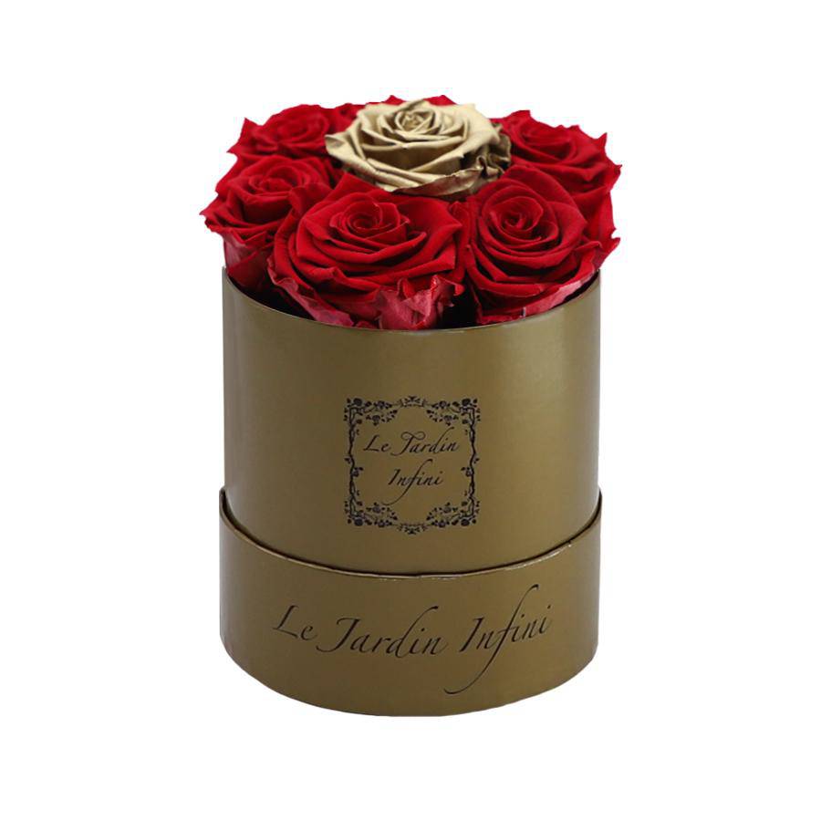 7 Red & Gold Dot Preserved Roses - Luxury Round Shiny Gold Box