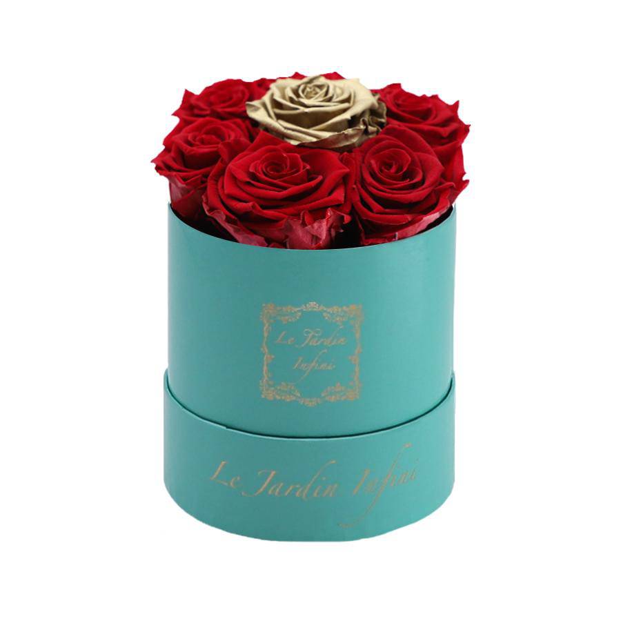 7 Red & Gold Dot Preserved Roses - Luxury Round Shiny Turquoise Box