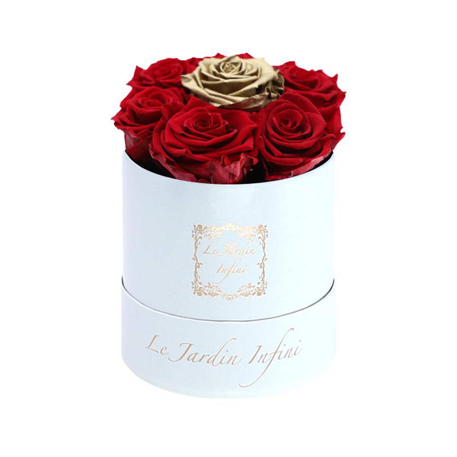 7 Red & Gold Dot Preserved Roses - Luxury Round Shiny White Box