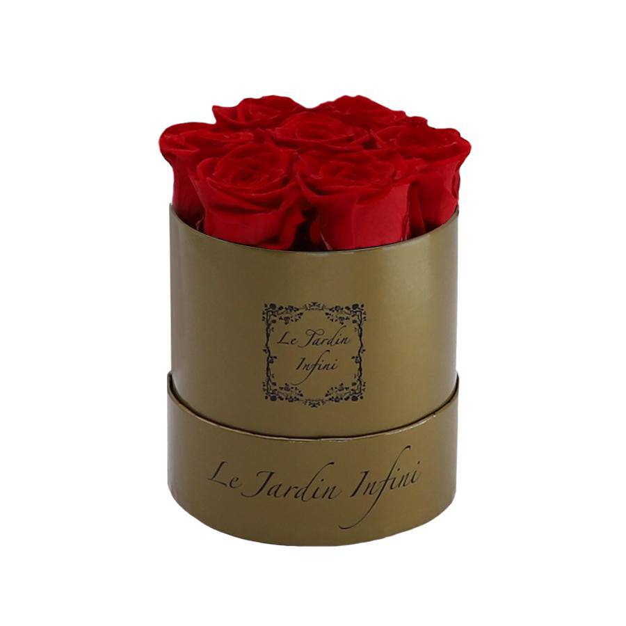 7 Red Preserved Roses - Luxury Round Shiny Gold Box