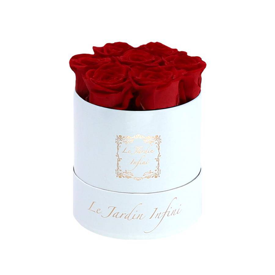 7 Red Preserved Roses - Luxury Round Shiny White Box