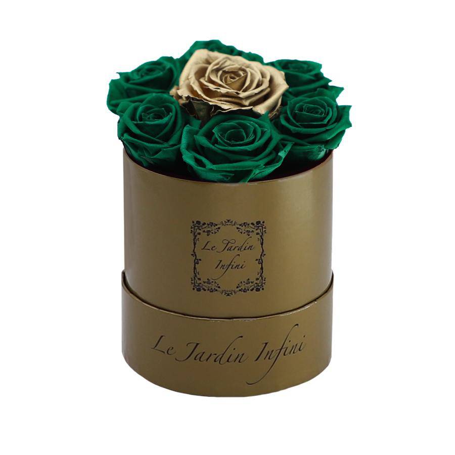 7 St. Patrick Green & Gold Dot Preserved Roses - Luxury Round Shiny Gold Box