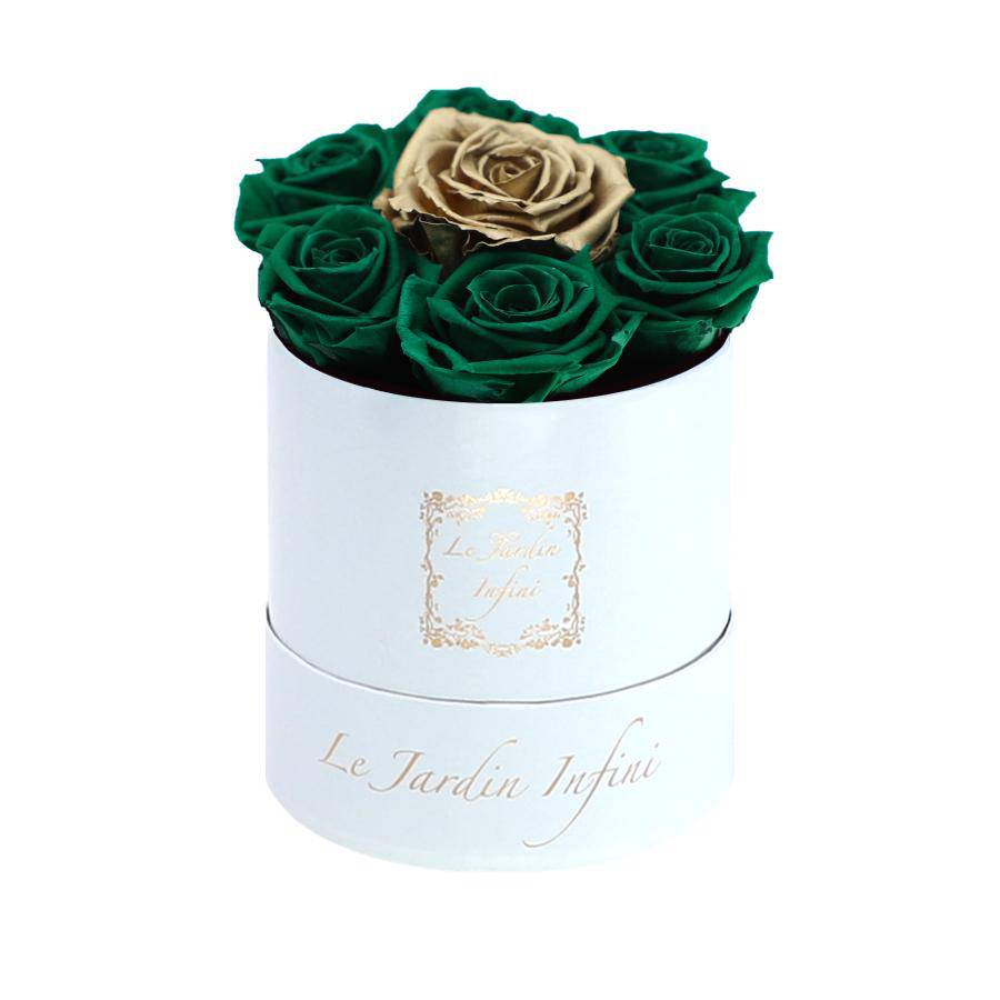7 St. Patrick Green & Gold Dot Preserved Roses - Luxury Round Shiny White Box