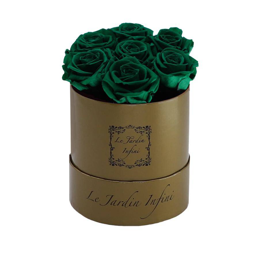7 St. Patrick Green Preserved Roses - Luxury Round Shiny Gold Box
