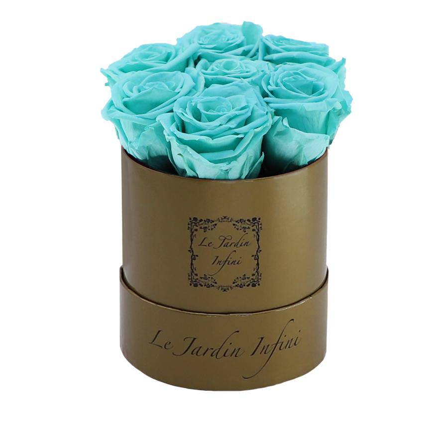 7 Turquoise Preserved Roses - Luxury Round Shiny Gold Box