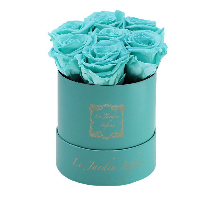 7 Turquoise Preserved Roses - Luxury Round Shiny Turquoise Box