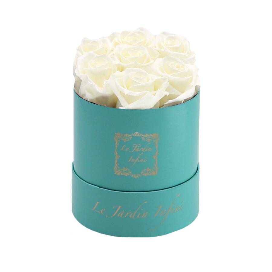 7 Vanilla Preserved Roses - Luxury Round Shiny Turquoise Box