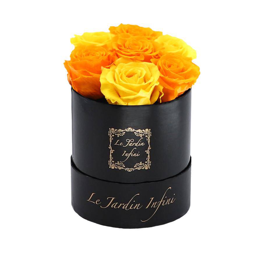 7 Warm Yellow & Orange Preserved Roses - Luxury Round Shiny Black Box