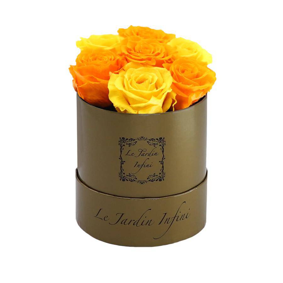 7 Warm Yellow & Orange Preserved Roses - Luxury Round Shiny Gold Box