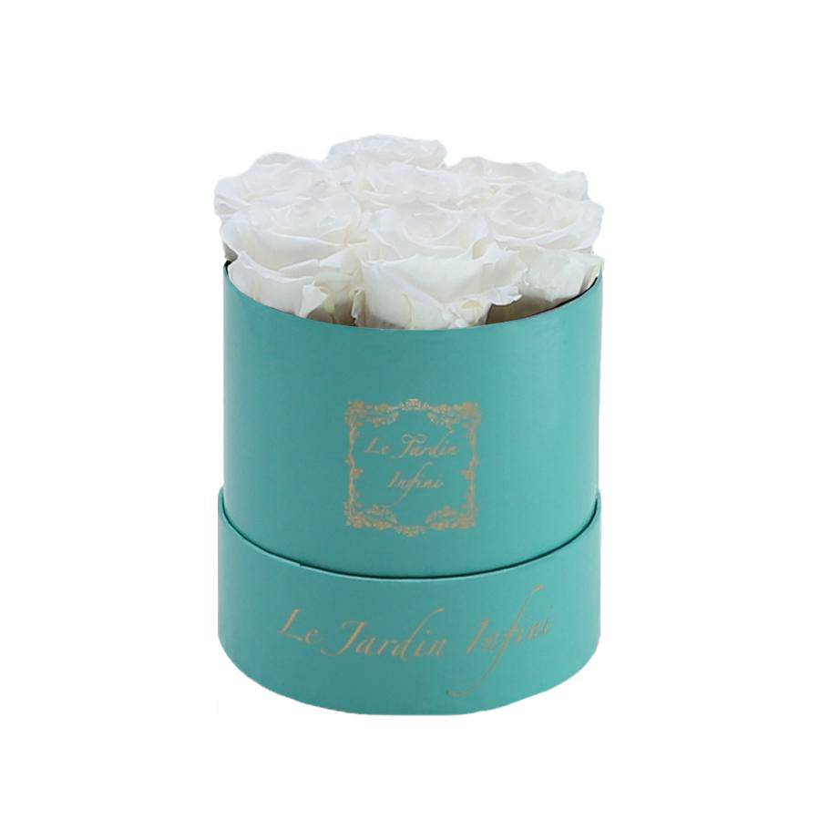 7 White Preserved Roses - Luxury Round Shiny Turquoise Box