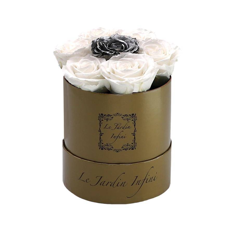 7 White & Silver Dot Preserved Roses - Luxury Round Shiny Gold Box