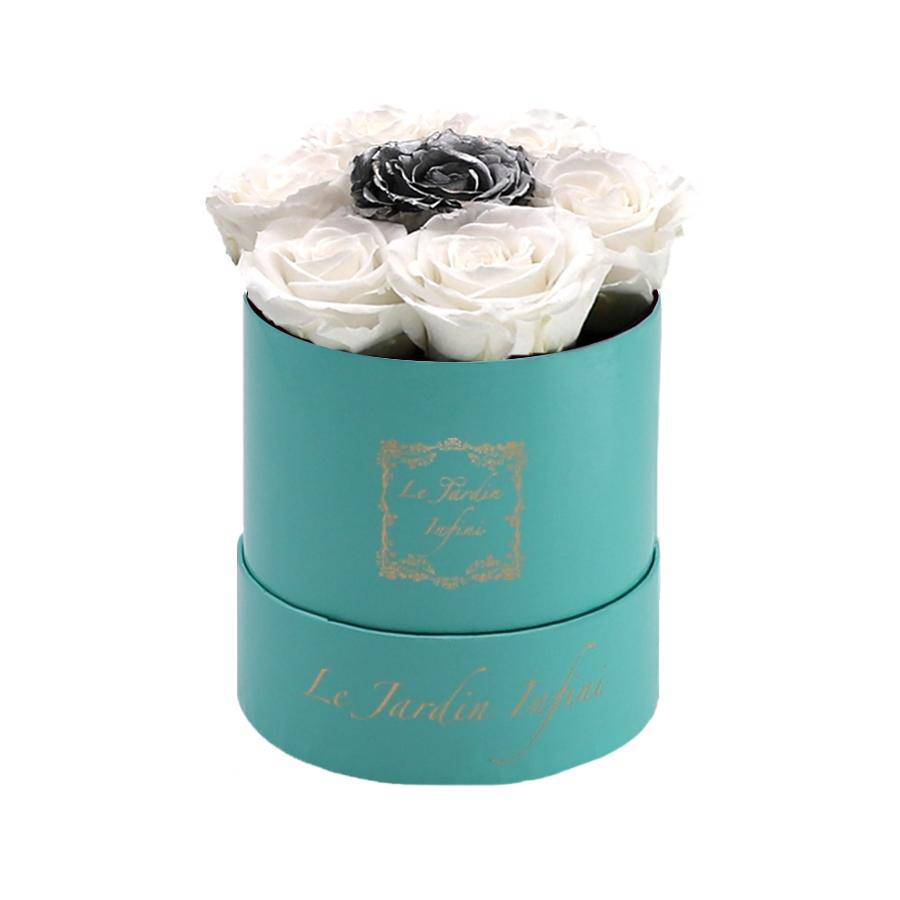 7 White & Silver Dot Preserved Roses - Luxury Round Shiny Turquoise Box