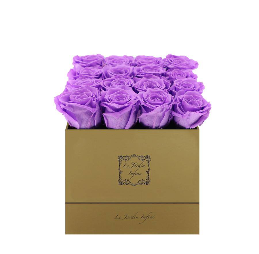 16 Bright Lilac Preserved Roses - Luxury Square Shiny Gold Box