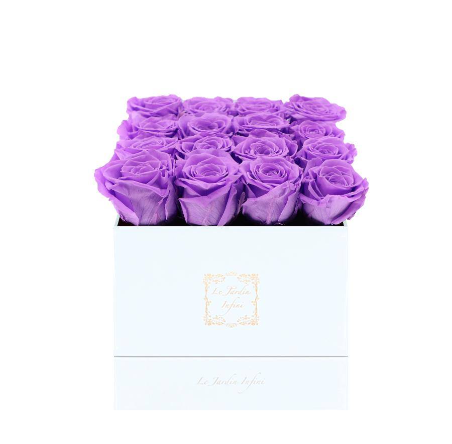 16 Bright Lilac Preserved Roses - Luxury Square Shiny White Box