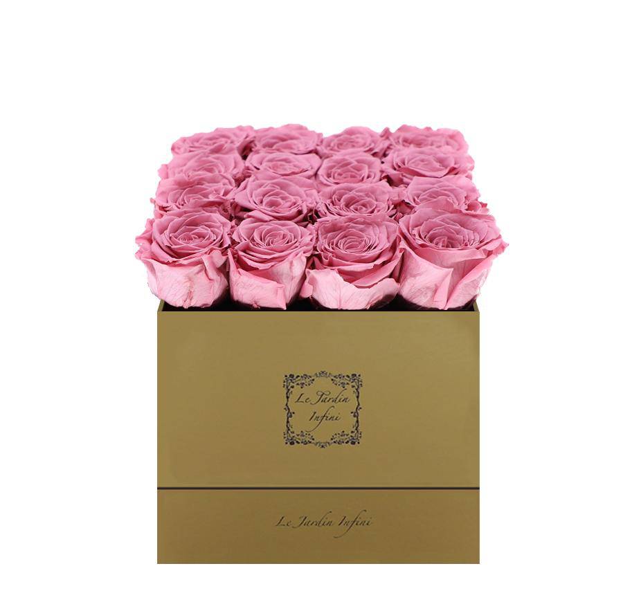 16 Cherry Blossom Preserved Roses - Luxury Square Shiny Gold Box