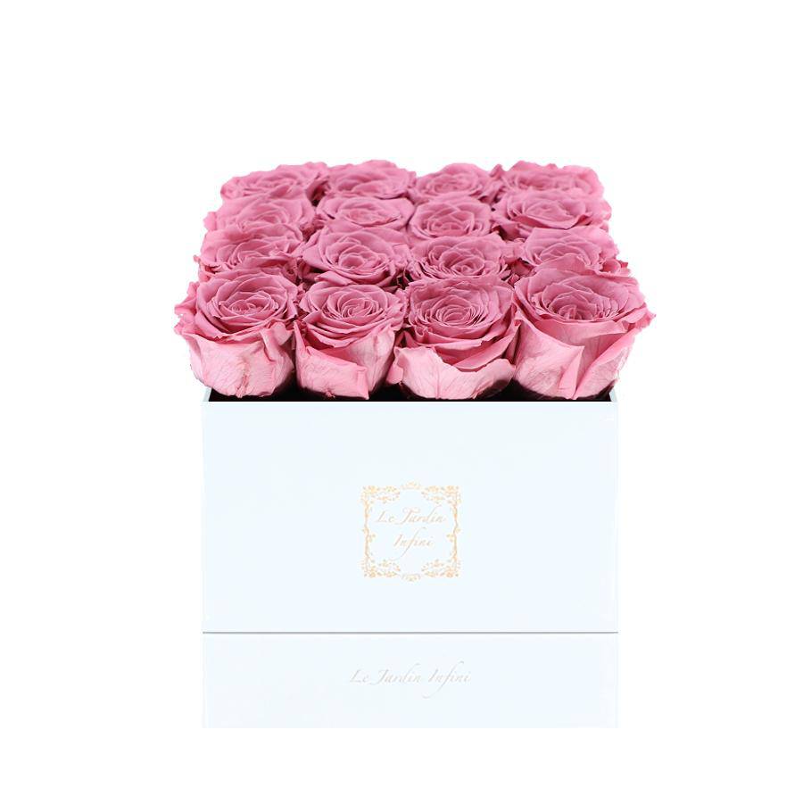 16 Cherry Blossom Preserved Roses - Luxury Square Shiny White Box