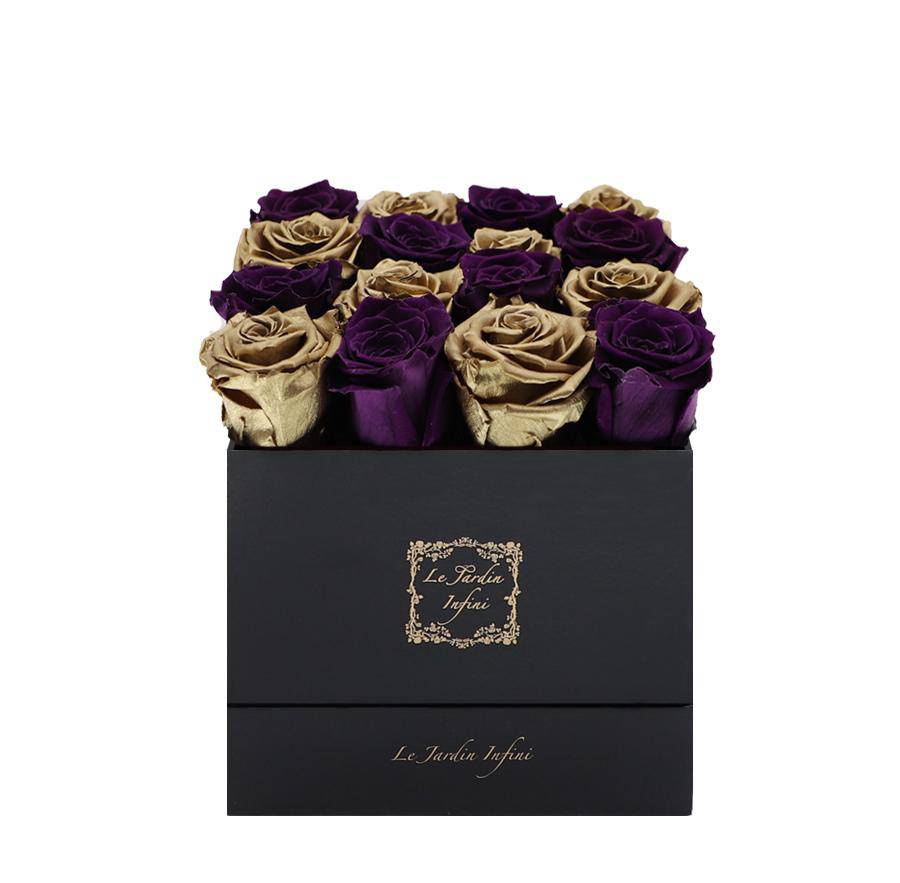 16 Purple & Gold Checker Preserved Roses - Luxury Square Shiny Black Box