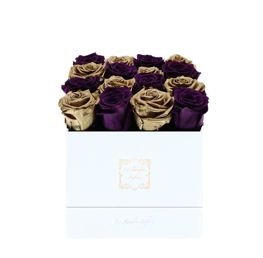 16 Purple & Gold Checker Preserved Roses - Luxury Square Shiny White Box