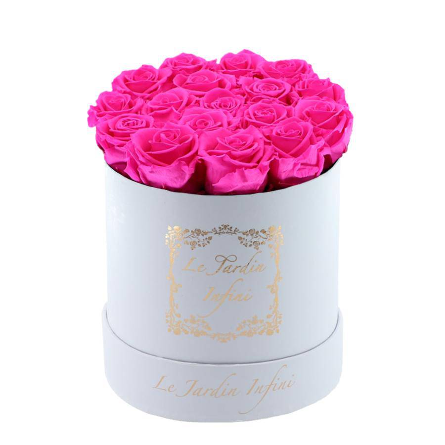 Bright Pink Preserved Roses - Medium Round White Box