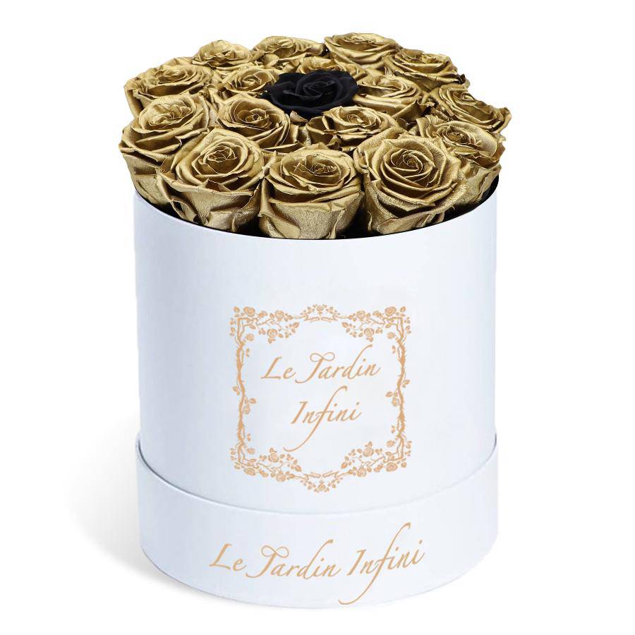 Gold Preserved Roses with 1 Black Preserved Rose in Middle - Medium Round White Box - Le Jardin Infini Roses in a Box