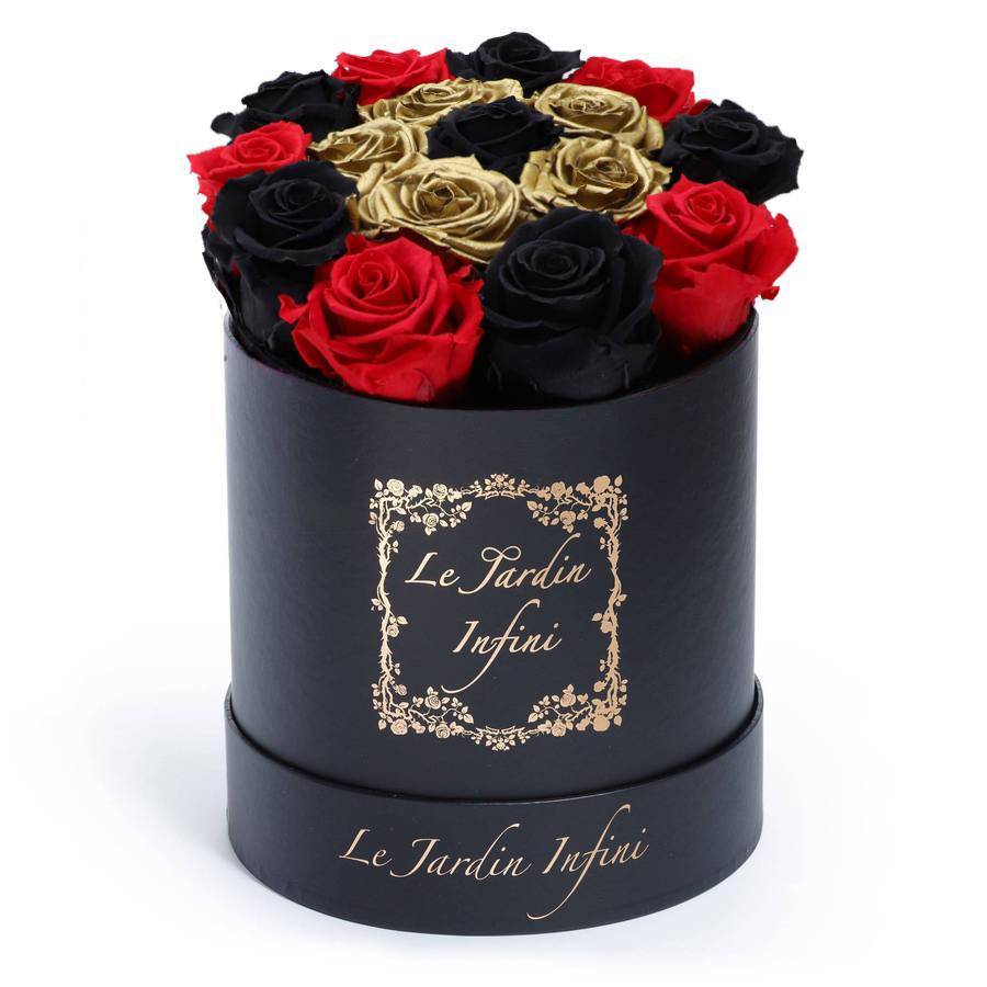 Gold Preserved Roses with Red, Black & 1 Black Rose - Medium Round Black Box - Le Jardin Infini Roses in a Box