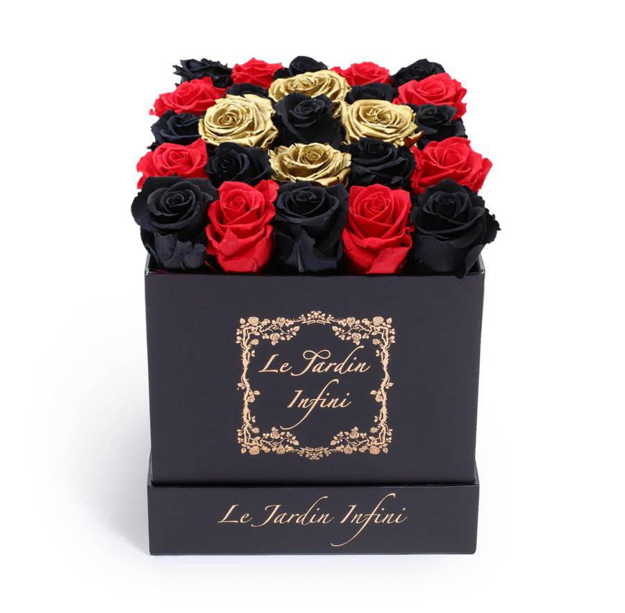 Gold, Red & Black Checker Preserved Roses - Medium Square Black Box - Le Jardin Infini Roses in a Box