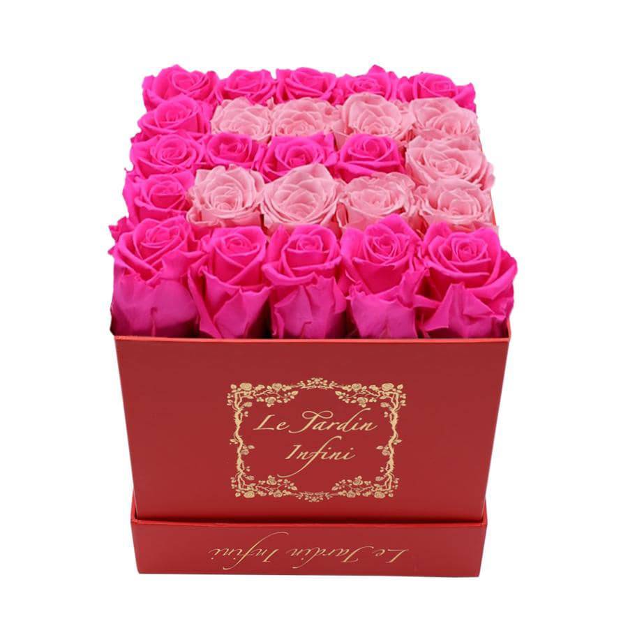 Letter E Hot Pink & Soft Pink Preserved Roses - Medium Red Box - Le Jardin Infini Roses in a Box