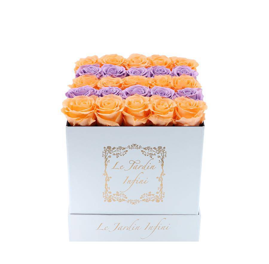 Millenium Orange & Lilac Stripes Preserved Roses - Medium Square White Box