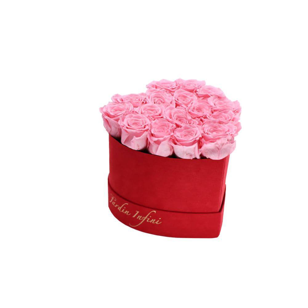 Pink Preserved Roses in A Heart Shaped Box- Mini Heart Luxury Red Suede Box - Le Jardin Infini Roses in a Box