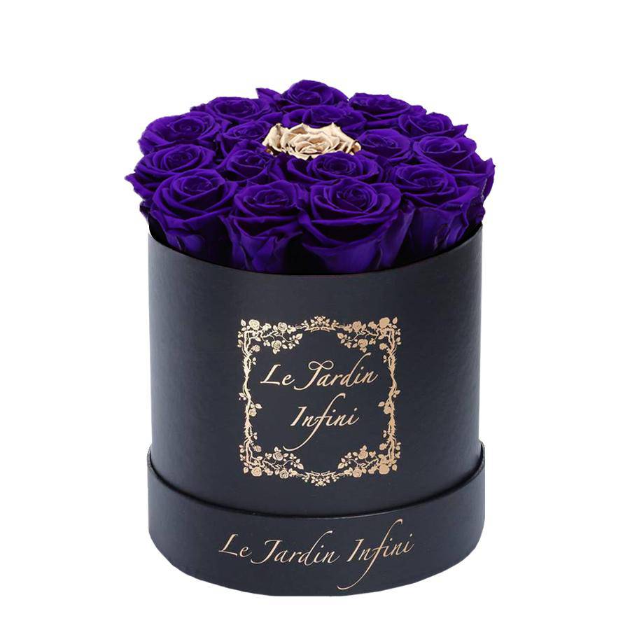 Purple & Gold Dot Preserved Roses - Medium Round Black Box