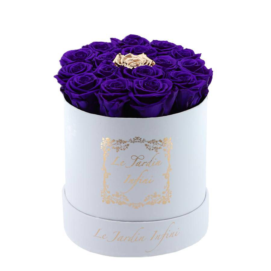Purple & Gold Dot Preserved Roses - Medium Round White Box