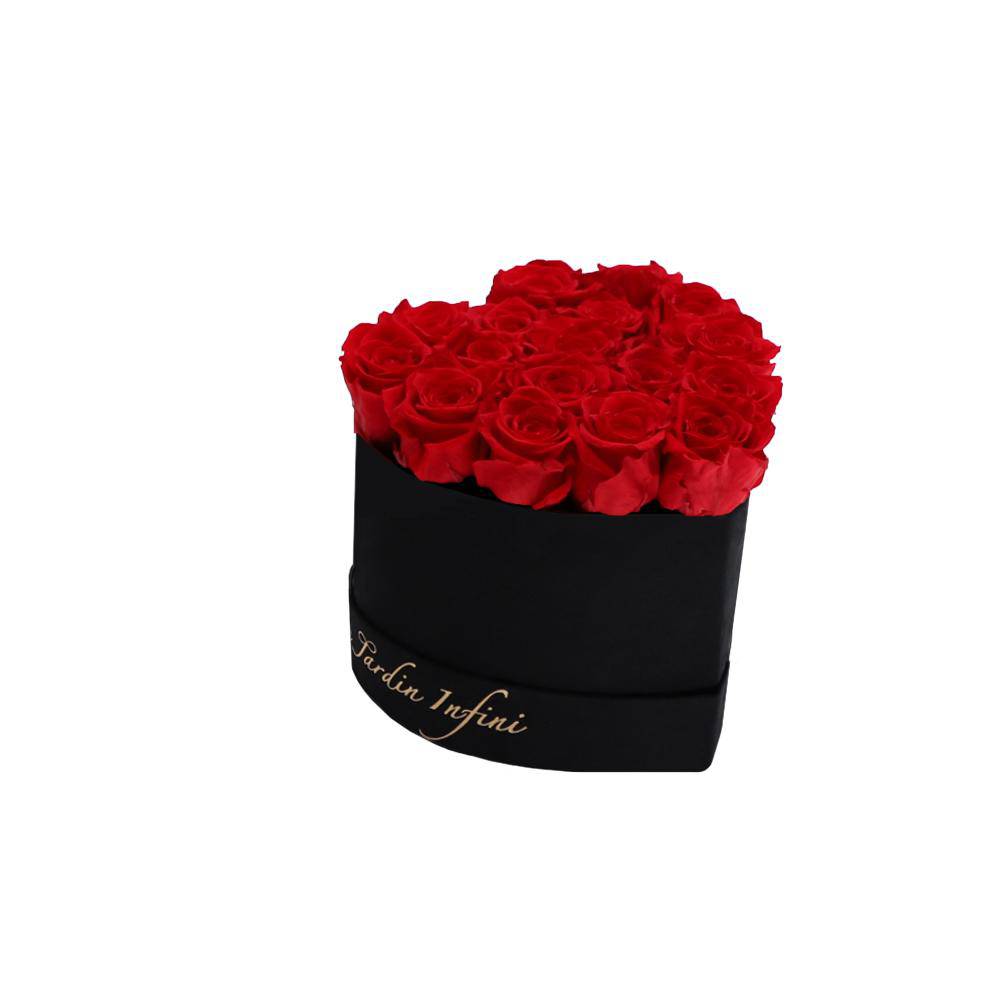 Red Preserved Roses in A Heart Shaped Box- Mini Heart Luxury Black Suede Box - Le Jardin Infini Roses in a Box