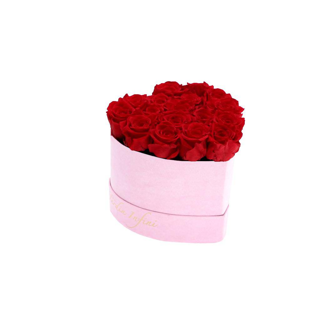 Red Preserved Roses in A Heart Shaped Box- Mini Heart Luxury Pink Suede Box - Le Jardin Infini Roses in a Box
