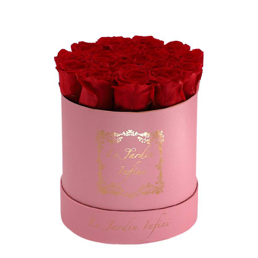 Red Preserved Roses - Medium Round Pink Box