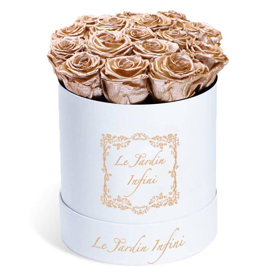 Rose Gold Preserved Roses - Medium Round White Box - Le Jardin Infini Roses in a Box