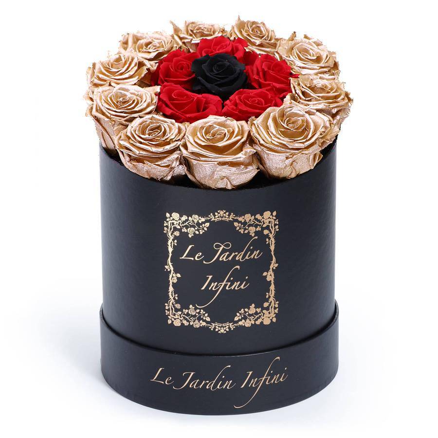 Rose Gold Preserved Roses with Red Circle & 1 Black Rose - Medium Round Black Box - Le Jardin Infini Roses in a Box