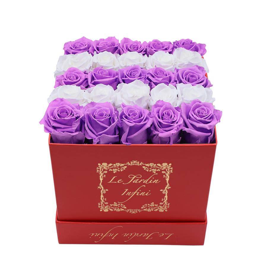 Rows of White & Lilac Rows Preserved Roses - Medium Square Luxury Red Box - Le Jardin Infini Roses in a Box