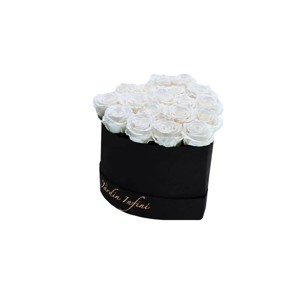 White Preserved Roses in A Heart Shaped Box - Mini Heart Luxury Black Suede Box - Le Jardin Infini Roses in a Box