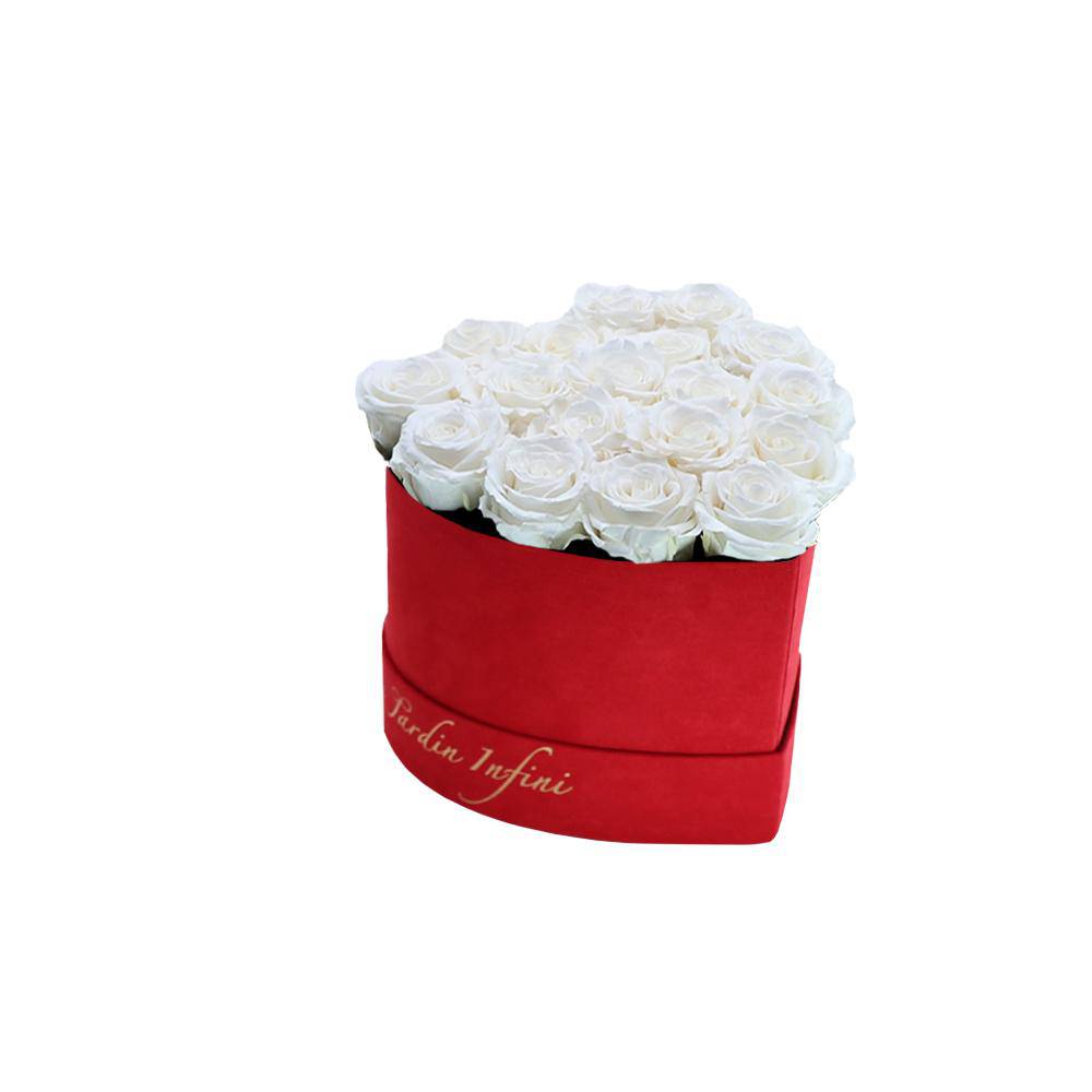 White Preserved Roses in A Heart Shaped Box- Mini Heart Luxury Red Suede Box - Le Jardin Infini Roses in a Box