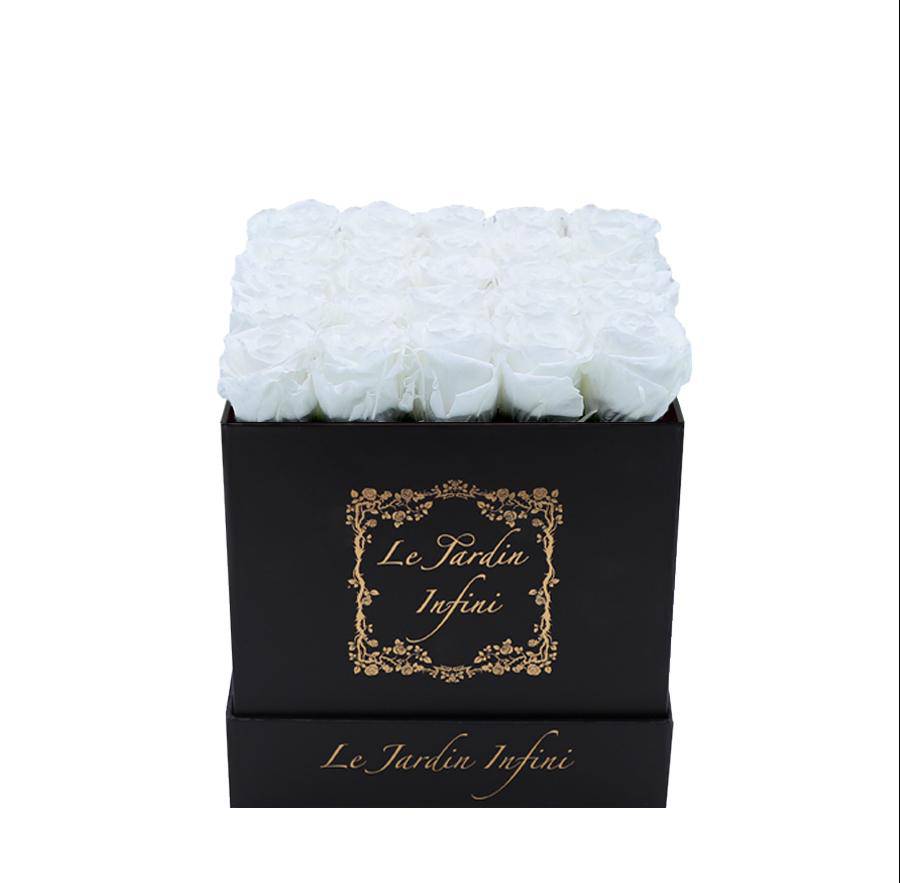 White Preserved Roses - Medium Square Black Box - Le Jardin Infini Roses in a Box