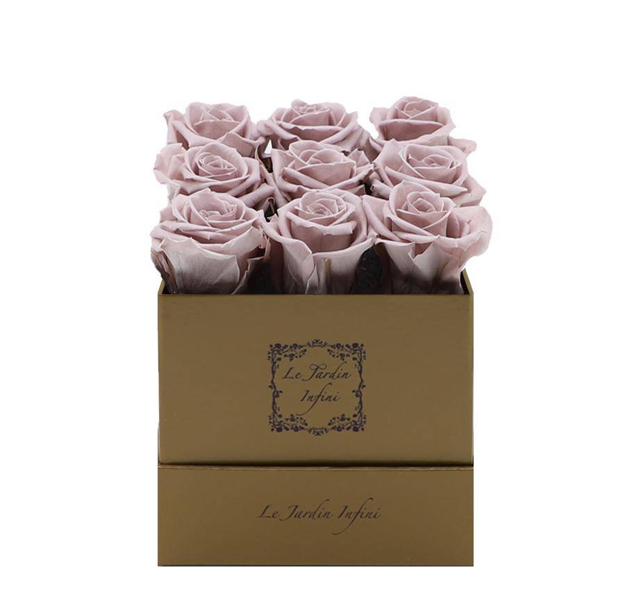 9 Blush Preserved Roses - Luxury Square Shiny Gold Box