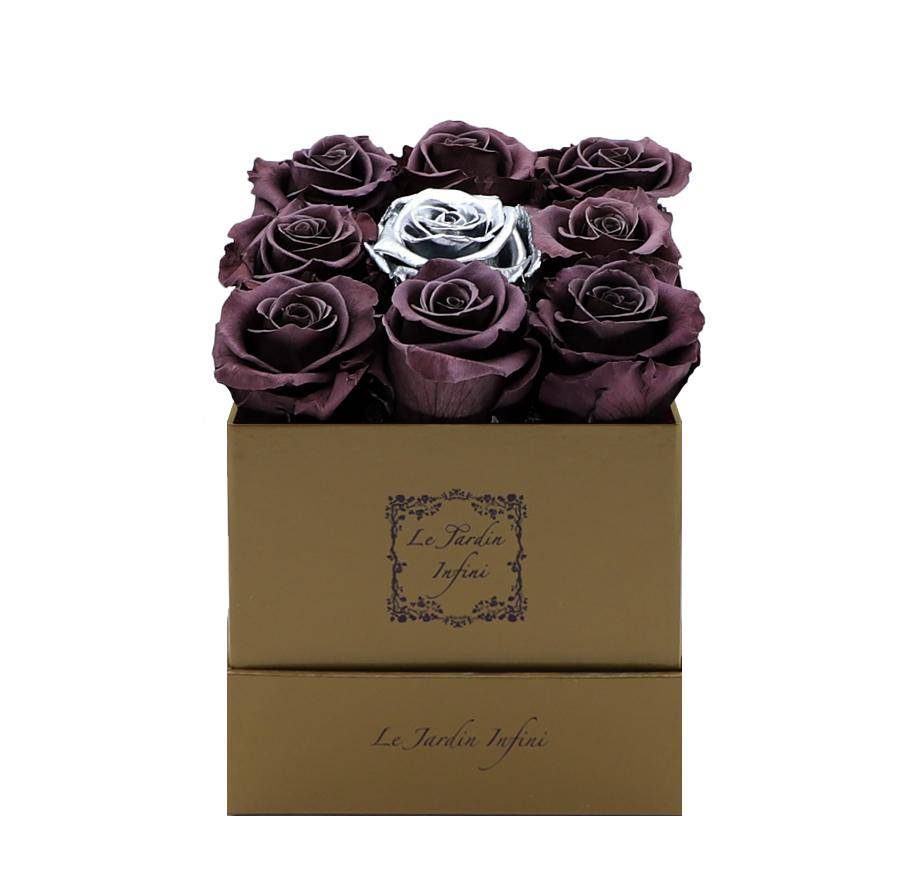 9 Dark Purple & Silver Center Preserved Roses - Luxury Square Shiny Gold Box