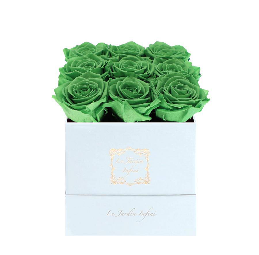 9 Green Tea Preserved Roses - Luxury Square Shiny White Box