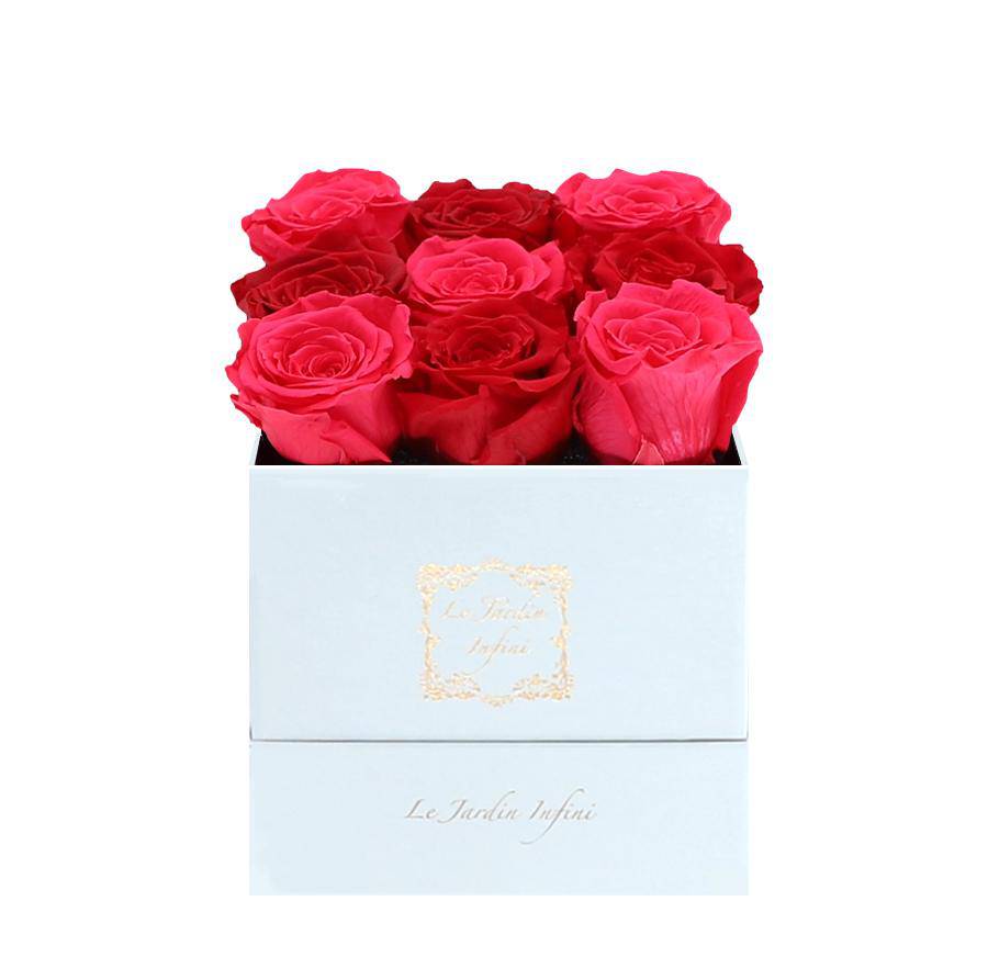9 Hot Pink & Red Preserved Roses - Luxury Square Shiny White Box