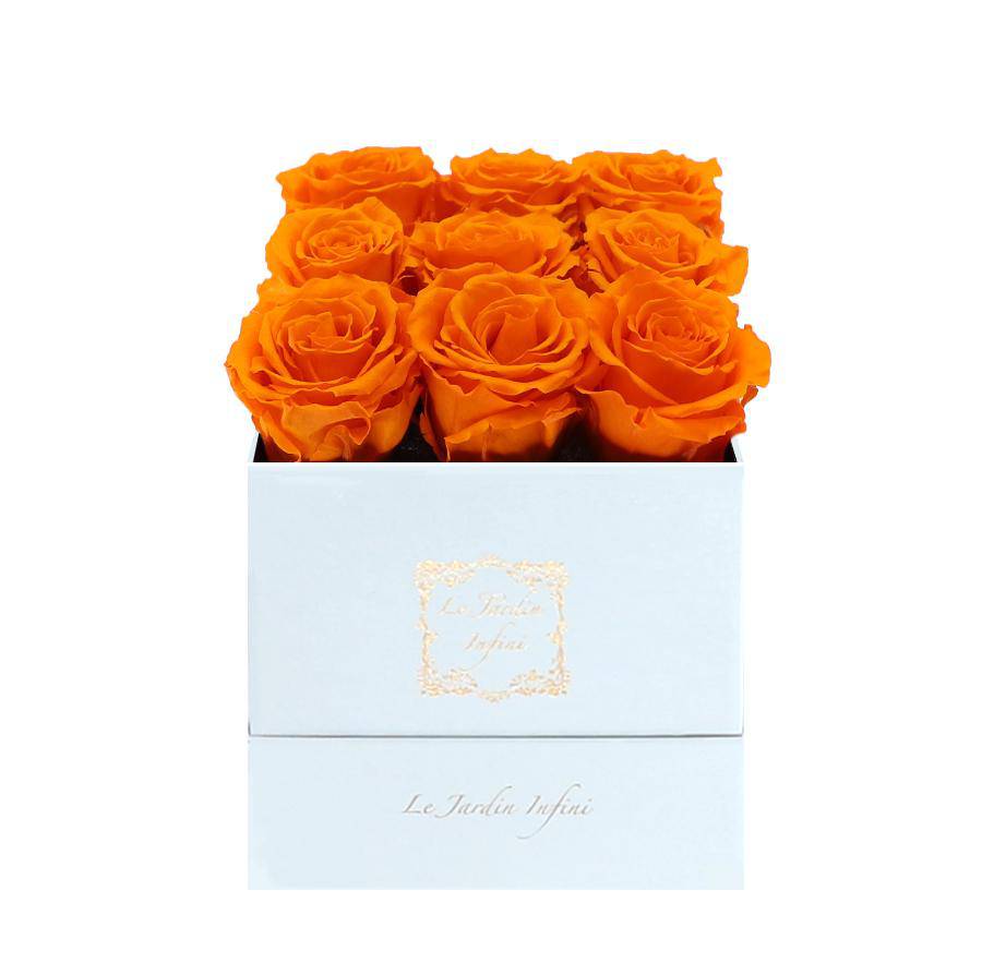 9 Orange Preserved Roses - Luxury Square Shiny White Box