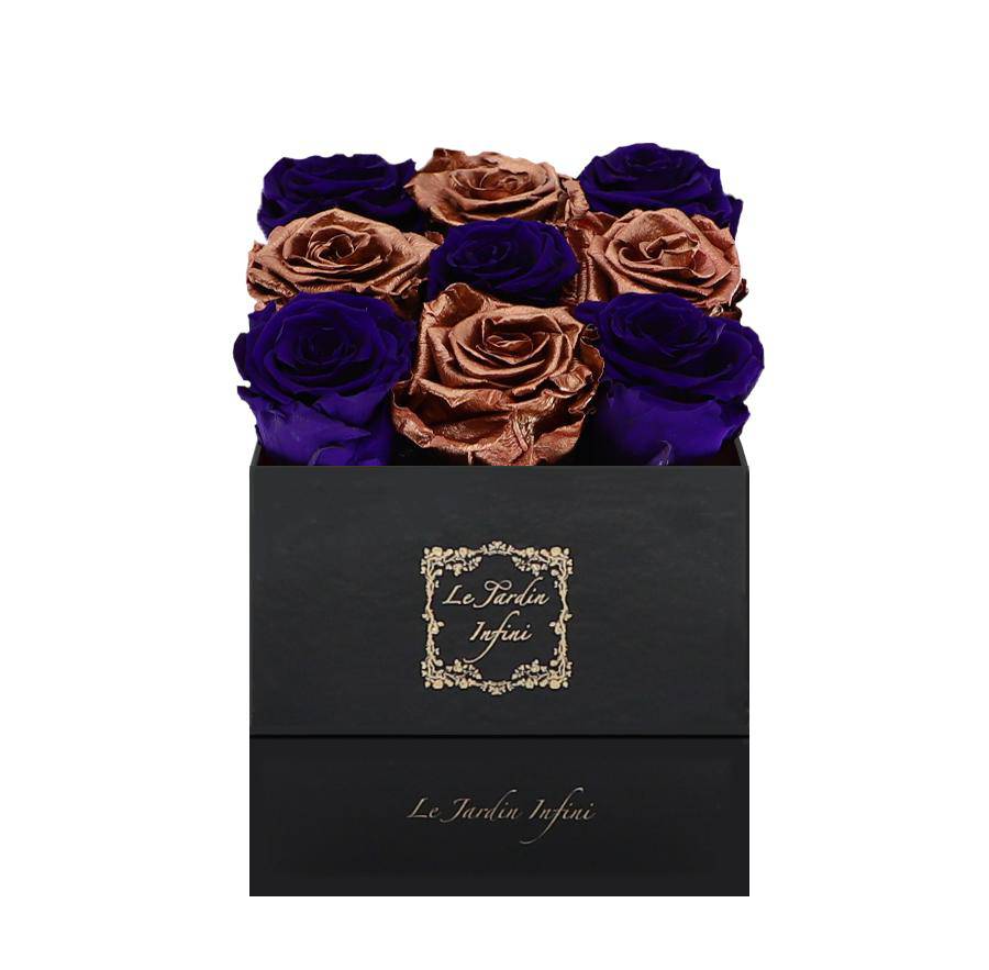 9 Purple & Copper Checker Preserved Roses - Luxury Square Shiny Black Box