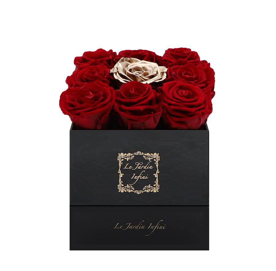 9 Red & Gold Center Preserved Roses - Luxury Square Shiny Black Box