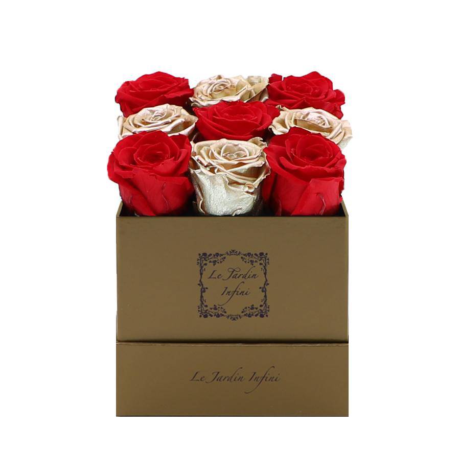 9 Red & Gold Checker Preserved Roses - Luxury Square Shiny Gold Box