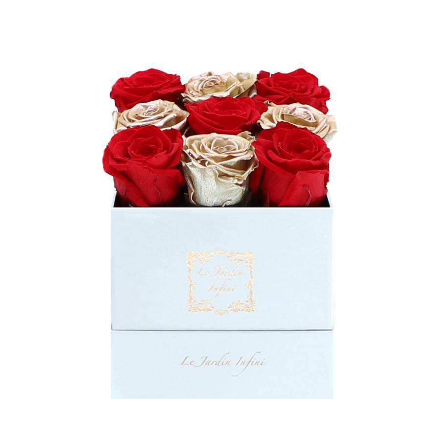 9 Red & Gold Checker Preserved Roses - Luxury Square Shiny White Box