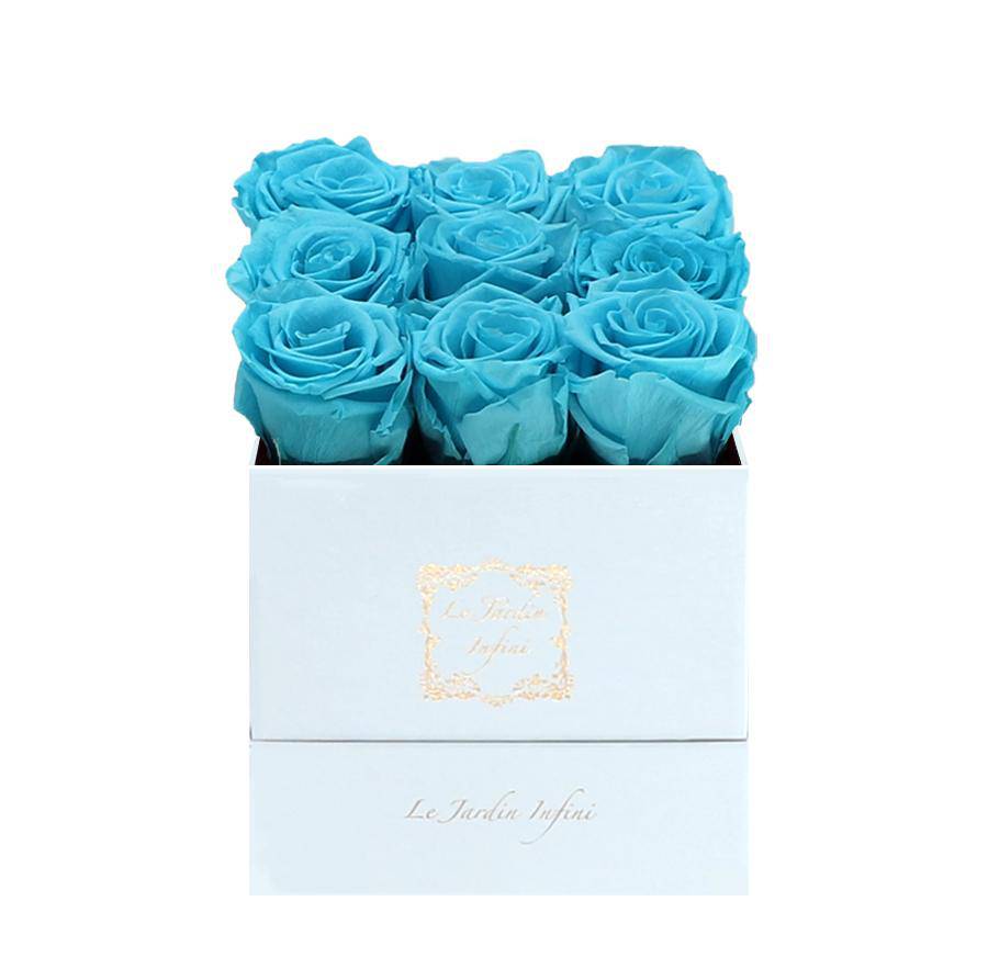 9 Turquoise Preserved Roses - Luxury Square Shiny White Box